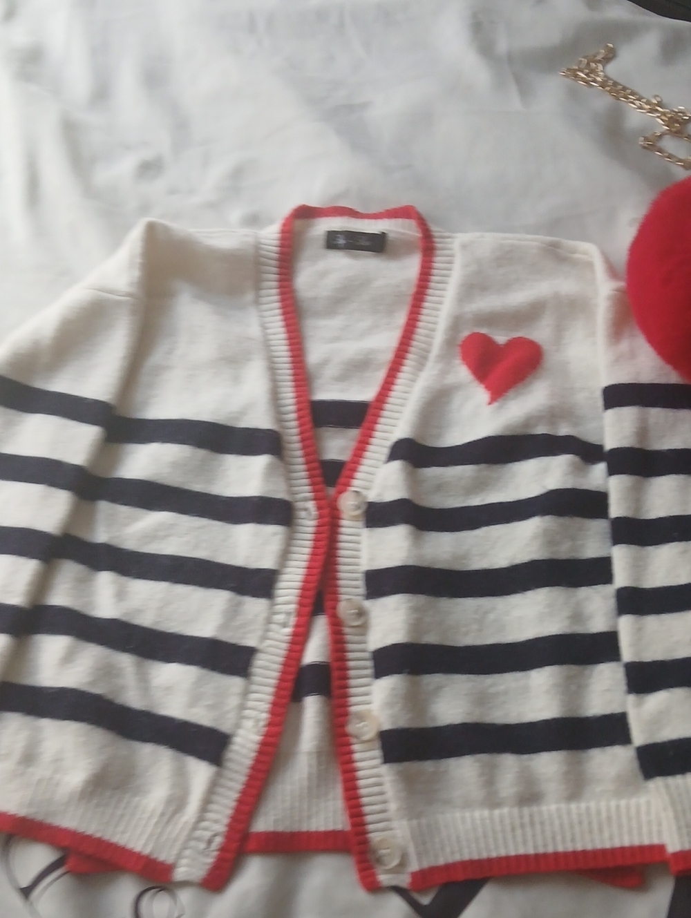 Striped White and Navy Cardigan with Red Heart Trim - Women Sweaters M Fits S